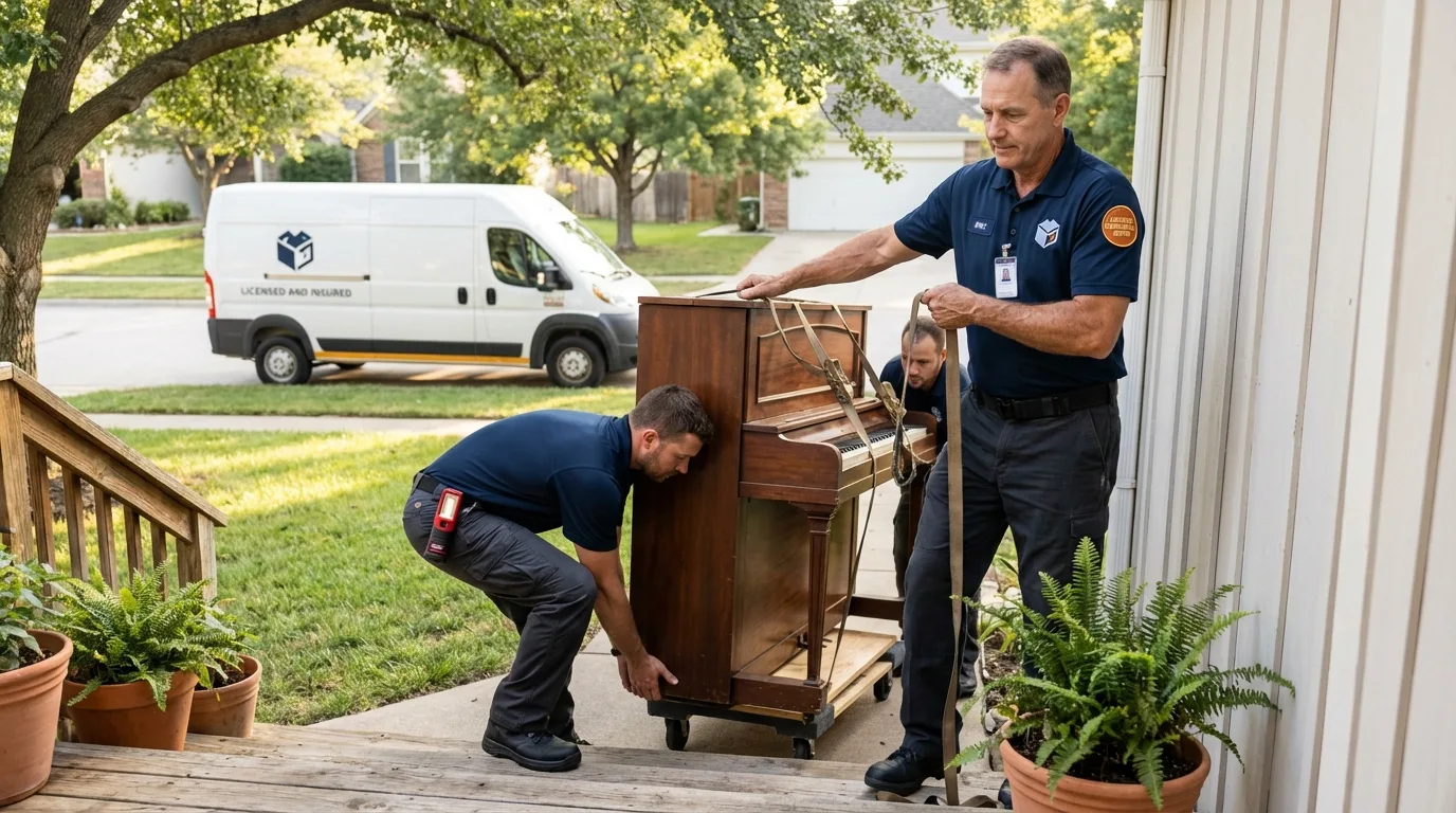 Licensed piano movers securing grand piano in Saint James, MD