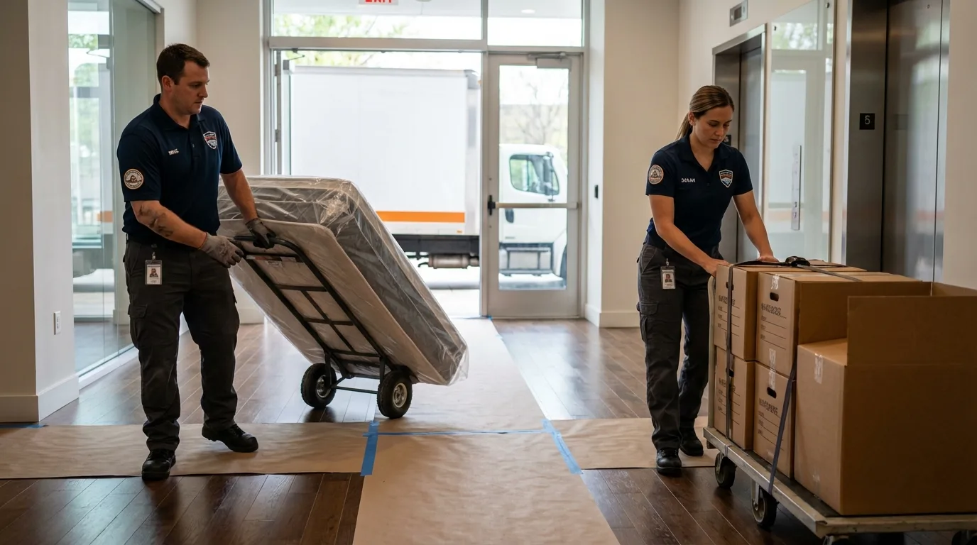 Professional apartment movers loading elevator in Saint James, MD